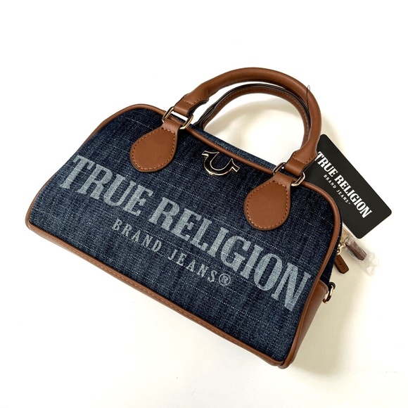NWT Original TRUE RELIGION Denim Logo Mini Satchel Crossbody Bag Blue Brown - Picture 12 of 12